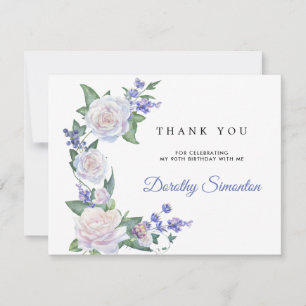 Tarjeta De Agradecimiento Floral de rosa blanca azul 90 cumpleaños