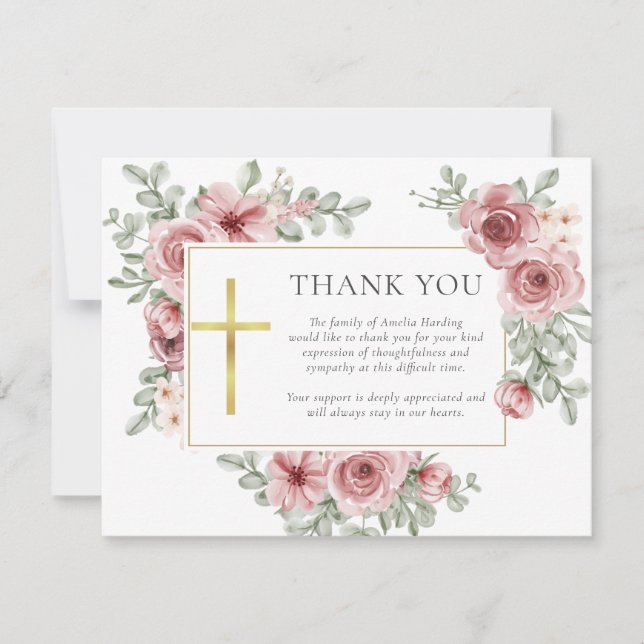 Tarjeta De Agradecimiento Floral de Rosas funerarios cristianos (Anverso)