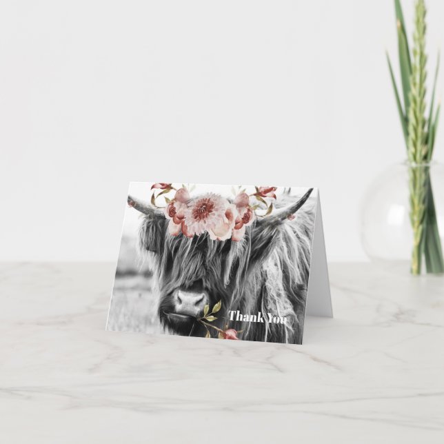 Tarjeta De Agradecimiento Floral de vaca de Highland | Niña occidental perso (Anverso)