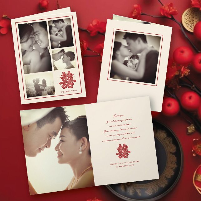 Tarjeta De Agradecimiento Floral doble felicidad Boda chino 4 foto (Red/Ivory Floral Papercut Elegant Double Happiness Chinese Wedding 4 Photo Thank You Folded Card)