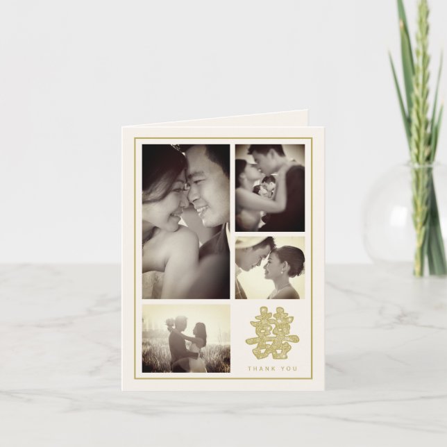 Tarjeta De Agradecimiento Floral doble felicidad Boda chino 4 foto (Anverso)