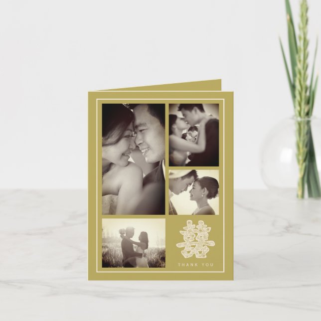 Tarjeta De Agradecimiento Floral doble felicidad Boda chino 4 foto (Anverso)