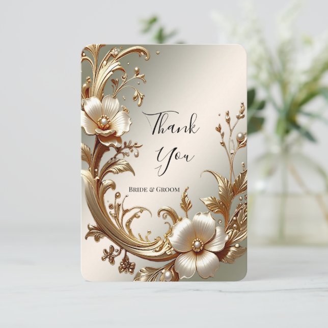 Tarjeta de agradecimiento floral dorada (Anverso de pie)