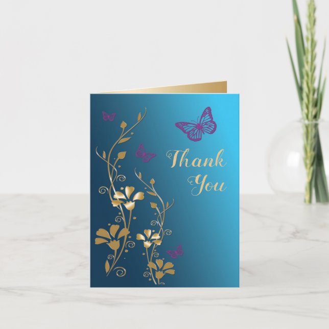 Tarjeta de agradecimiento floral dorada púrpura ve (Anverso)
