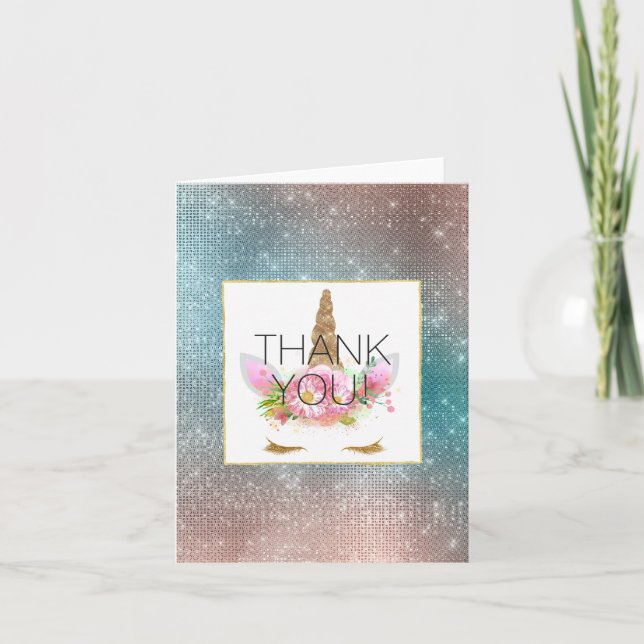Tarjeta De Agradecimiento Floral dorada Unicornio (Anverso)