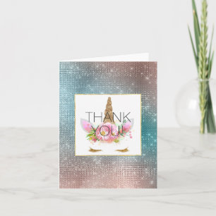 Tarjeta De Agradecimiento Floral dorada Unicornio