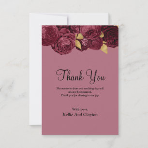 Tarjeta de agradecimiento floral dorada y burdeos