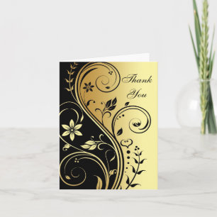 Tarjeta de agradecimiento floral dorada y negra co