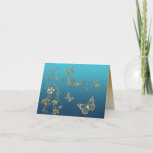 Tarjeta de agradecimiento floral dorada y turquesa