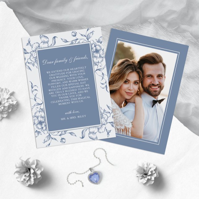 Tarjeta De Agradecimiento Floral Dusty Blue Elegant Wedding Photo (Subido por el creador)
