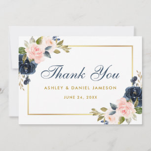 Tarjeta De Agradecimiento Floral Dusty Blue Pink Rubor Boda Gold