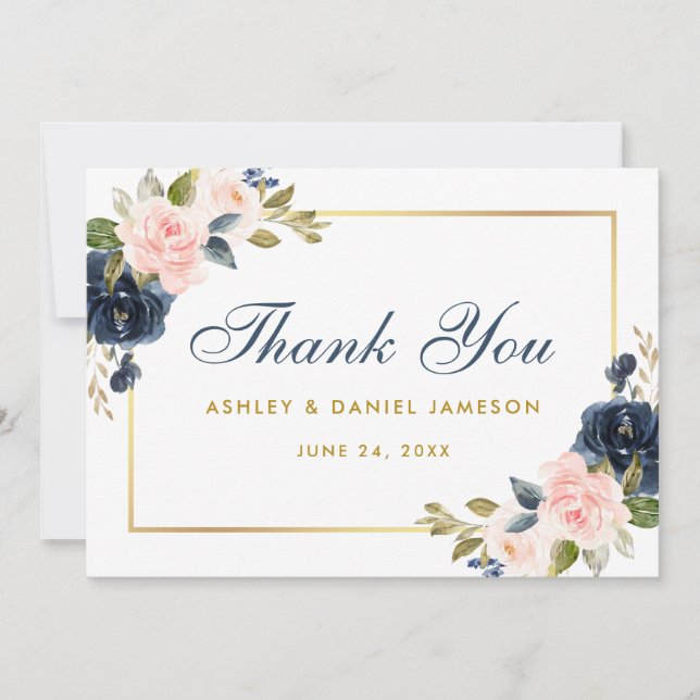 Tarjeta De Agradecimiento Floral Dusty Blue Pink Rubor Boda Gold (Anverso)