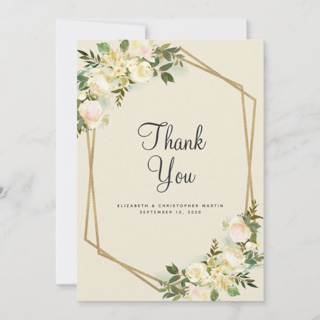 Tarjeta De Agradecimiento Floral Elegante Boda Marco dorado Rosa acuarela (Anverso)