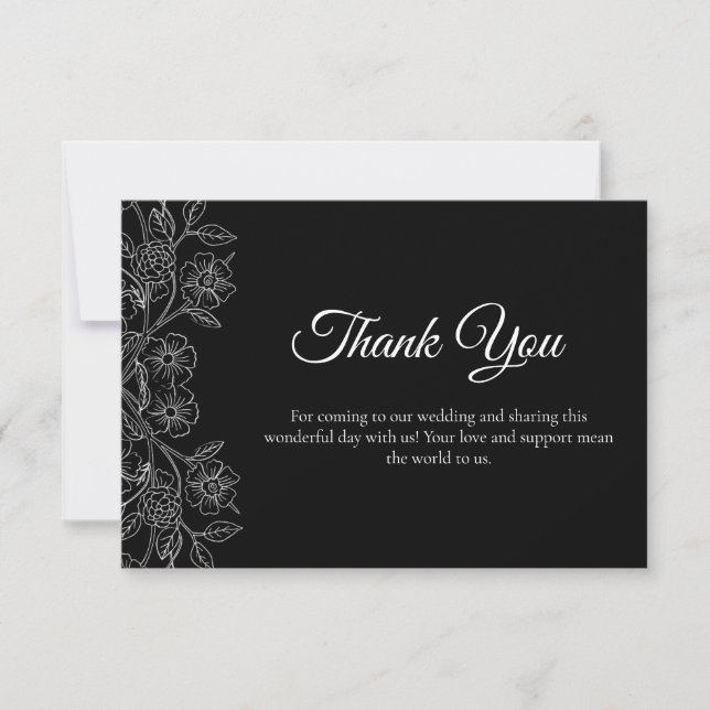 Tarjeta De Agradecimiento Floral en negro y blanco  (Anverso)