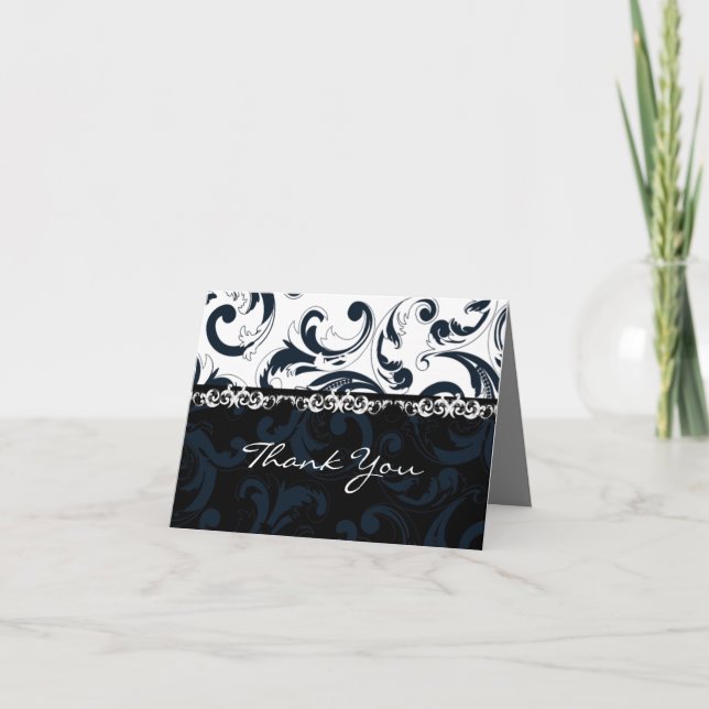 Tarjeta De Agradecimiento Floral en Negro y Blanco Gracias (Anverso)