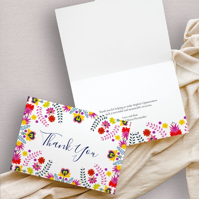 Tarjeta de agradecimiento floral Fiesta de Fiesta  (Colorful pink and yellow mexican fiesta floral thank you card)