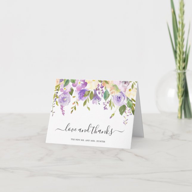 Tarjeta De Agradecimiento Floral Floral Elegante Boda de acuarela Lilac (Anverso)