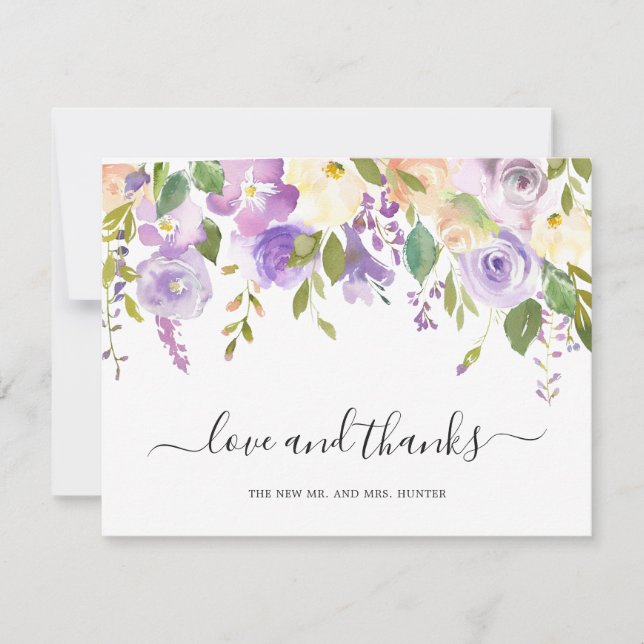 Tarjeta De Agradecimiento Floral Floral Elegante Boda de acuarela Lilac (Anverso)