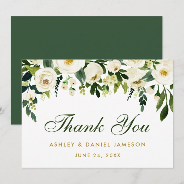 Tarjeta De Agradecimiento Floral Floral Green Gold Boda Gracias GB (Anverso / Reverso)