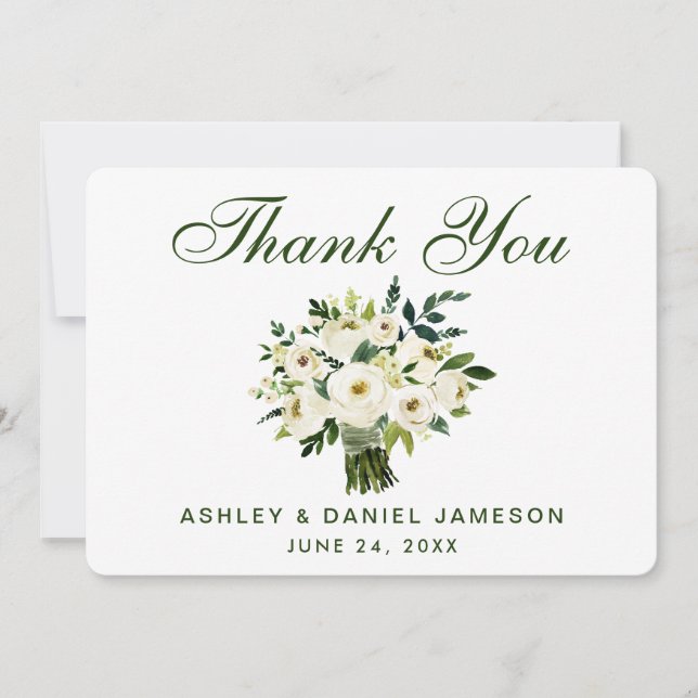 Tarjeta De Agradecimiento Floral Floral Verde Boda Blanco Gracias B (Anverso)