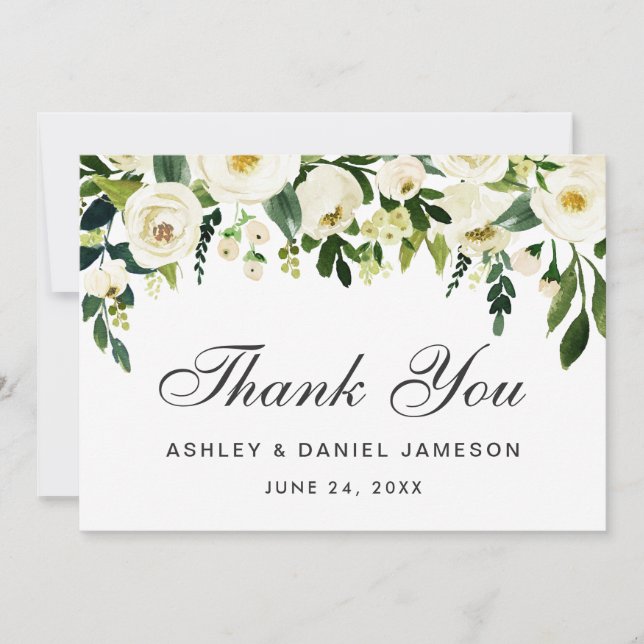 Tarjeta De Agradecimiento Floral Floral Verde Boda Blanco Gracias G (Anverso)