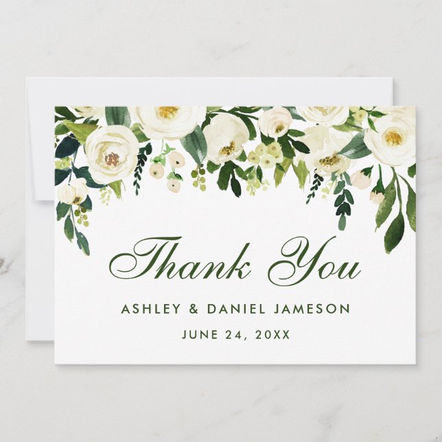 Tarjeta De Agradecimiento Floral Floral Verde Boda Blanco Gracias GB (Anverso)