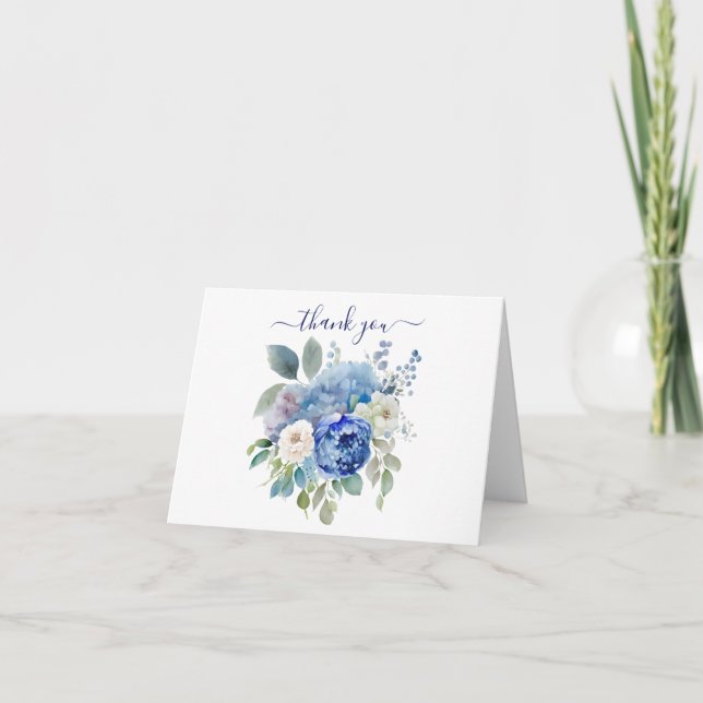Tarjeta De Agradecimiento Floral Flores Acuarela Blanca Azul Verdor  (Anverso)