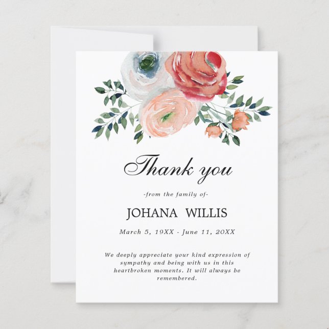 Tarjeta de agradecimiento floral funeral conmemora (Anverso)