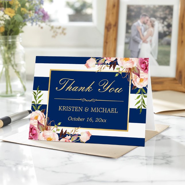 Tarjeta De Agradecimiento Floral Gold Navy Blue Stripes Boda Gracias (Subido por el creador)