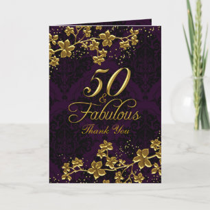 Tarjeta De Agradecimiento Floral Gold Purple 50 y Fabulous Gracias Card