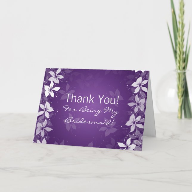 Tarjeta De Agradecimiento Floral Gracias Bridesmaid Blooms Exóticos Púrpura (Anverso)