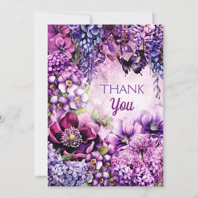 Tarjeta De Agradecimiento Floral Gracias Carne de mariposa y flores de jardí (Anverso)