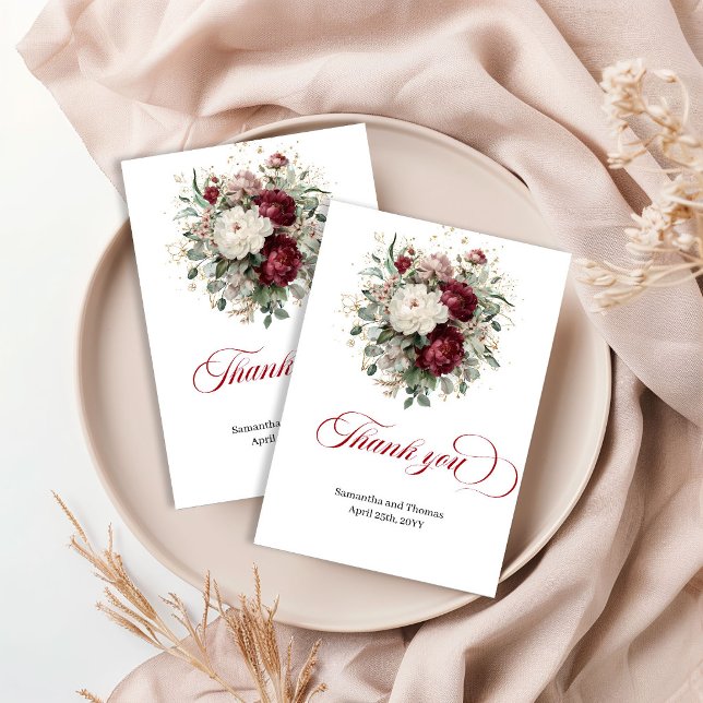Tarjeta de agradecimiento floral granate opulenta  (Opulent Maroon Floral Eucalyptus Thank You Card)