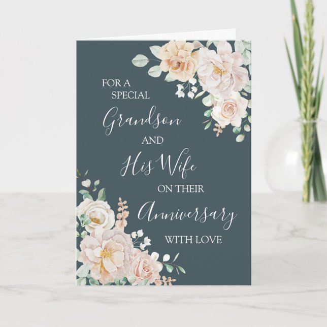 Tarjeta De Agradecimiento Floral Grandson and Wife Anniversary Card (Anverso)