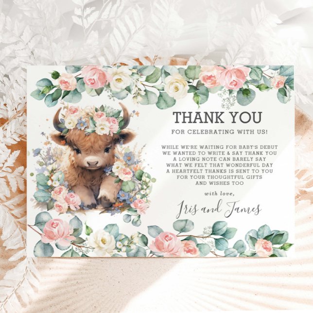 Tarjeta De Agradecimiento Floral Greenery Sweet Highland Cow Baby Shower (Subido por el creador)