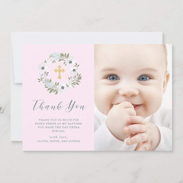 Tarjeta De Agradecimiento Floral gris y blanco sobre rosa| Bautismo fotográf (Anverso)