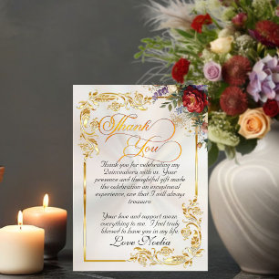 Tarjeta De Agradecimiento Floral, Hojas Doradas y Tiara - Pearl Quinceañera