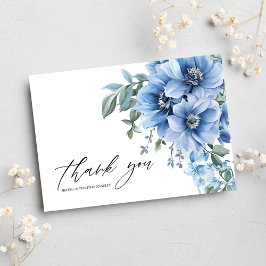 Tarjeta De Agradecimiento Floral Moderno Elegante Boda azul turbio