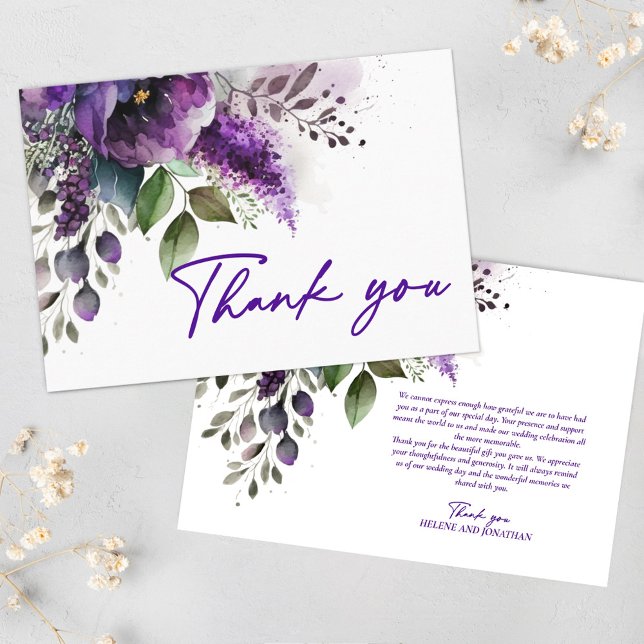 Tarjeta De Agradecimiento Floral Moderno Elegante Boda Púrpura Gracias (Floral Modern Elegant Purple Wedding Thank You)