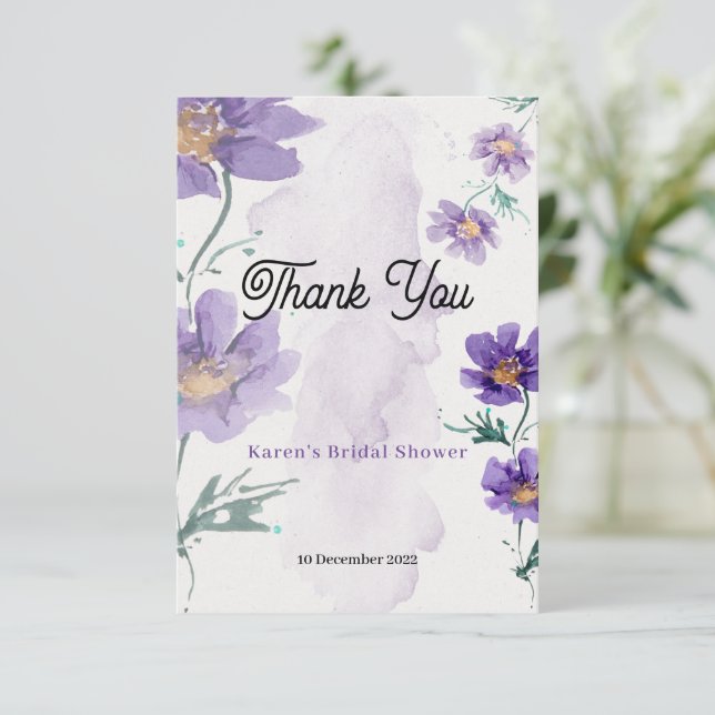 Tarjeta de agradecimiento floral morada elegante (Anverso de pie)