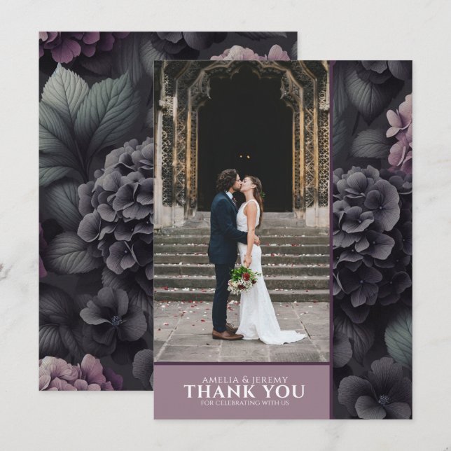 Tarjeta De Agradecimiento Floral morada negra (Anverso / Reverso)