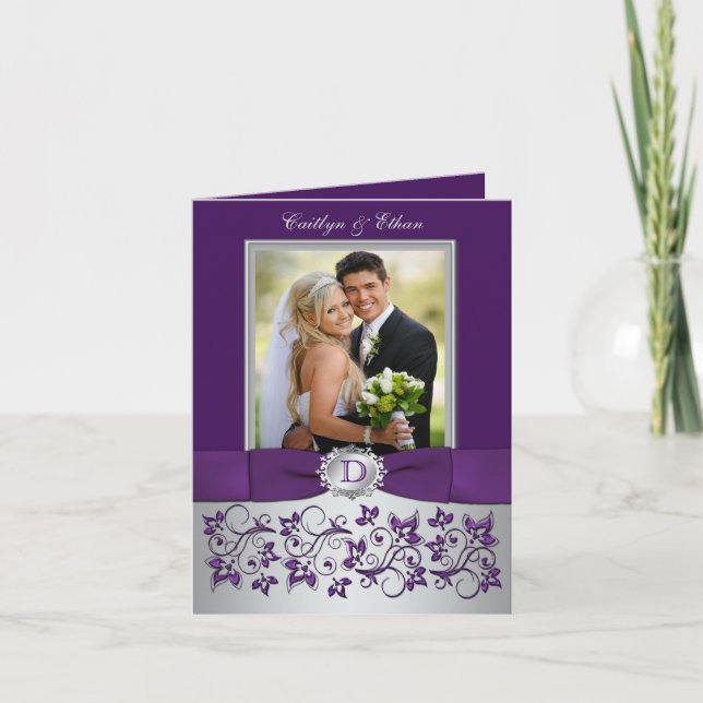 Tarjeta de agradecimiento floral Morado Monograma, (Anverso)