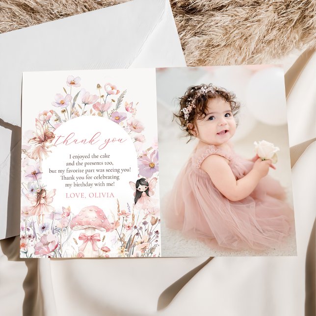 Tarjeta De Agradecimiento Floral Mushroom Fairy First Birthday Photo (Subido por el creador)