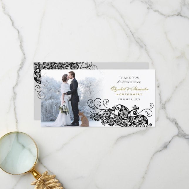 Tarjeta De Agradecimiento Floral negra Paisley Boho Elegant Wedding Photo (Anverso/Reverso In Situ)