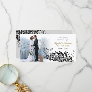 Tarjeta De Agradecimiento Floral negra Paisley Boho Elegant Wedding Photo