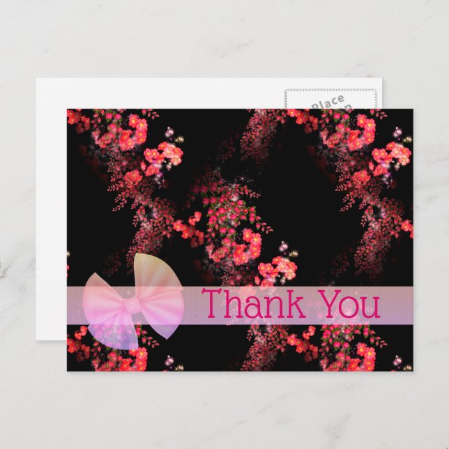 Tarjeta de agradecimiento floral negra rosa elegan (Anverso / Reverso)