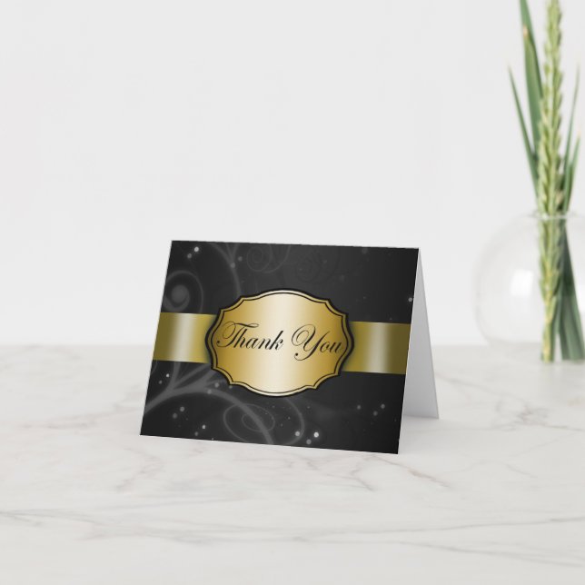 Tarjeta De Agradecimiento Floral negra y dorada (Anverso)