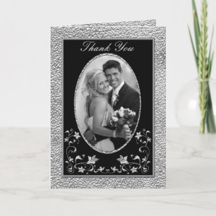 Tarjeta de agradecimiento floral negra y peltre co
