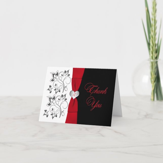 Tarjeta de agradecimiento floral negro blanco rojo (Anverso)