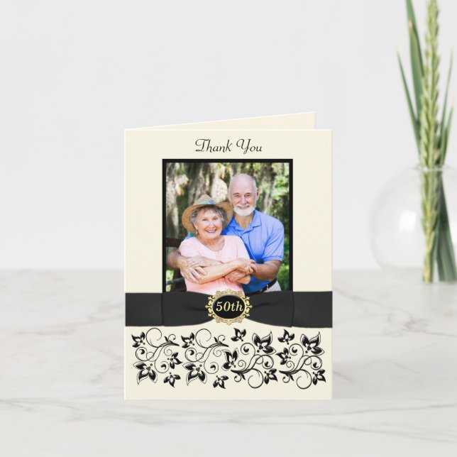 Tarjeta de agradecimiento floral negro de marfil d (Anverso)